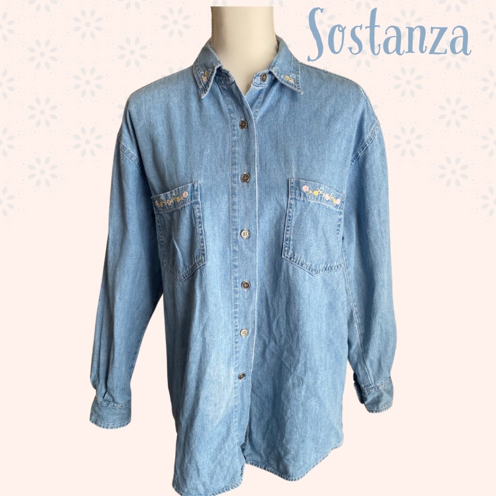 Vintage Sostanza Floral Embroidered Jean Chambray Button Up Shirt